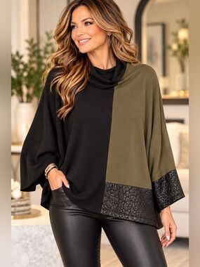 Alembika Two-Tone Cowl Neck Sweater in Black & Olive